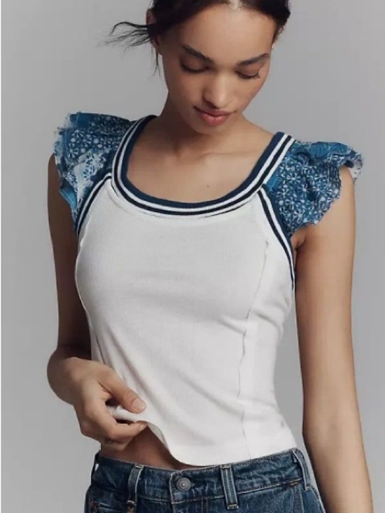 Anthropologie Tops - Anthropologie Pilcro White Ribbed Tank with Blue Floral Puff Sleeves Size S